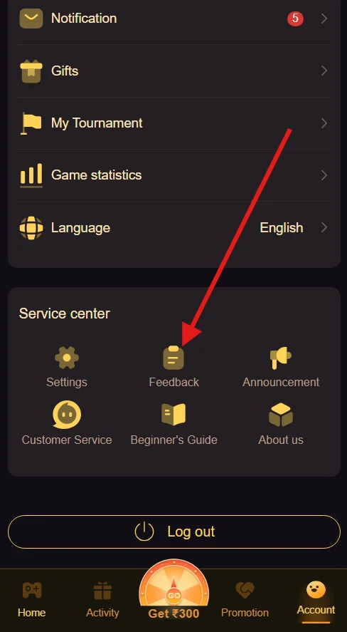 An image from the Account page with an arrow pointing towards the Feedback option.